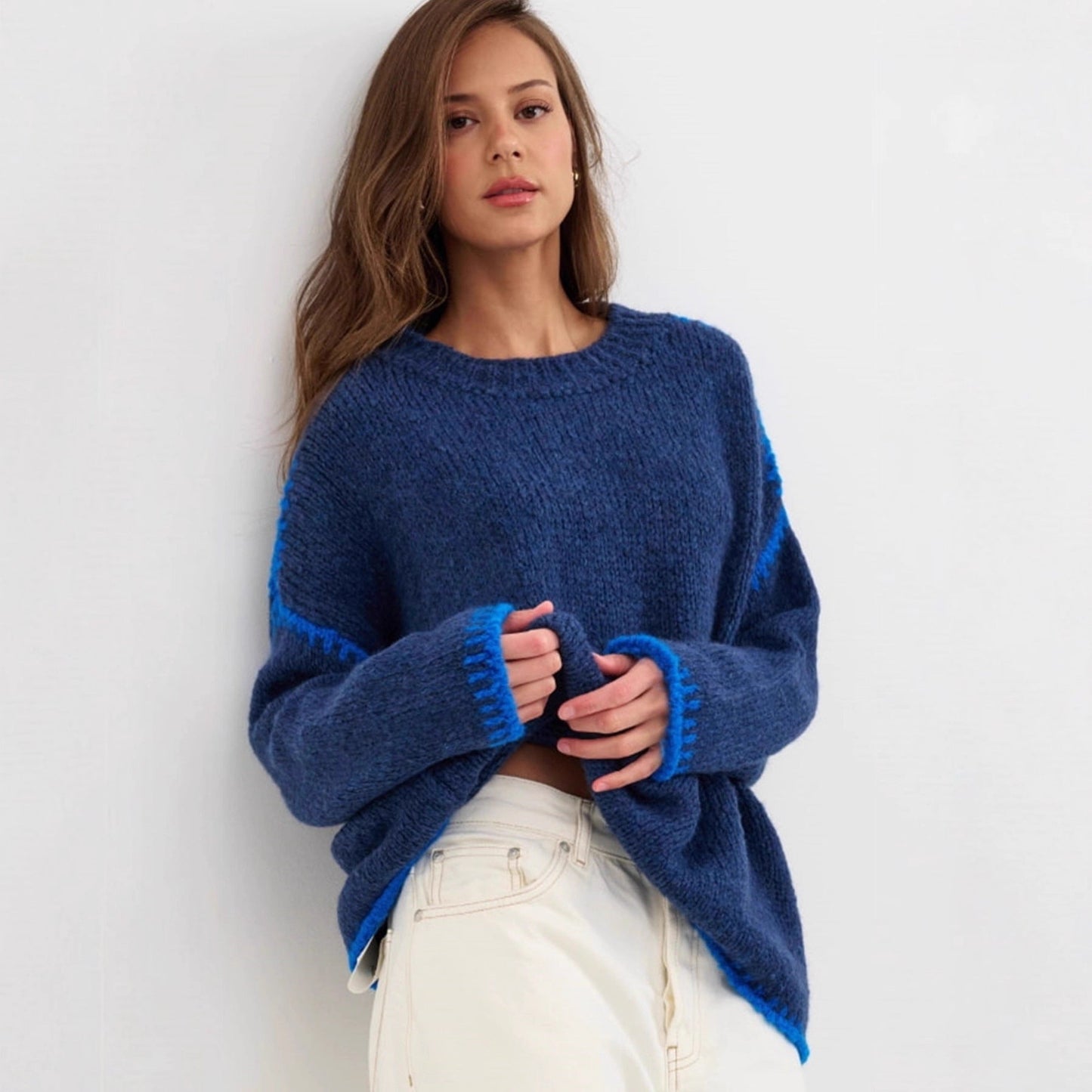 Damen Strickpullover Lässig Farbakzent Saum Eveloria