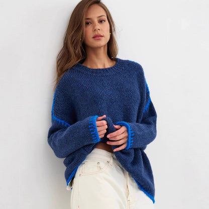 Damen Strickpullover Lässig Farbakzent Saum Eveloria