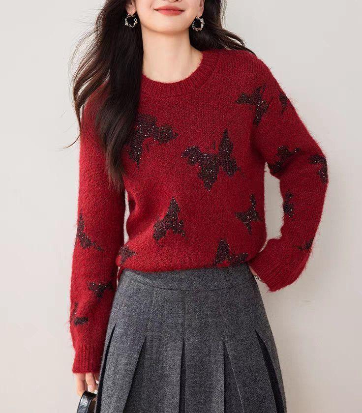 Damen Strickpullover mit Schmetterlingsapplikationen Glitzernd