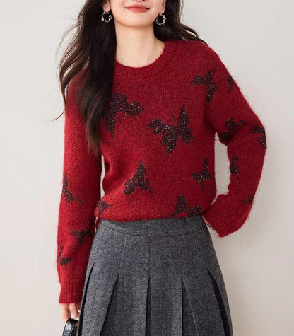 Damen Strickpullover mit Schmetterlingsapplikationen Glitzernd
