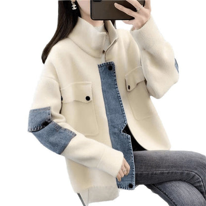 Damen Übergangsjacke Denim Detail Hochkragen Blau Eveloria