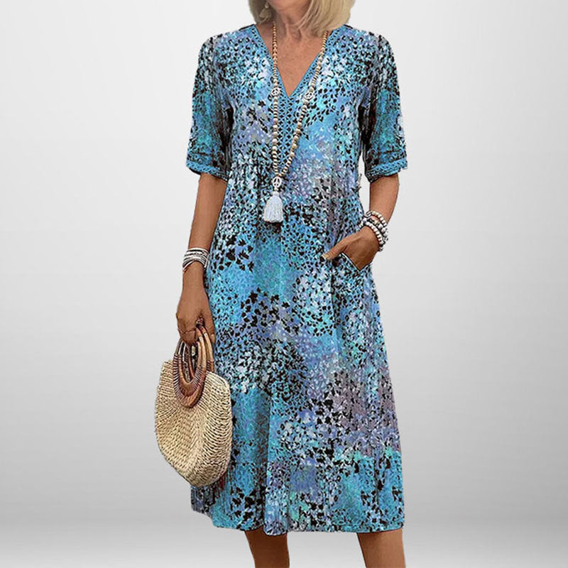 Damen Tunika-Kleid Muster V-Ausschnitt Eveloria