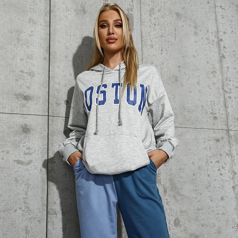 Damen Oversized Kapuzenpullover mit Schriftzug Bequem Grau