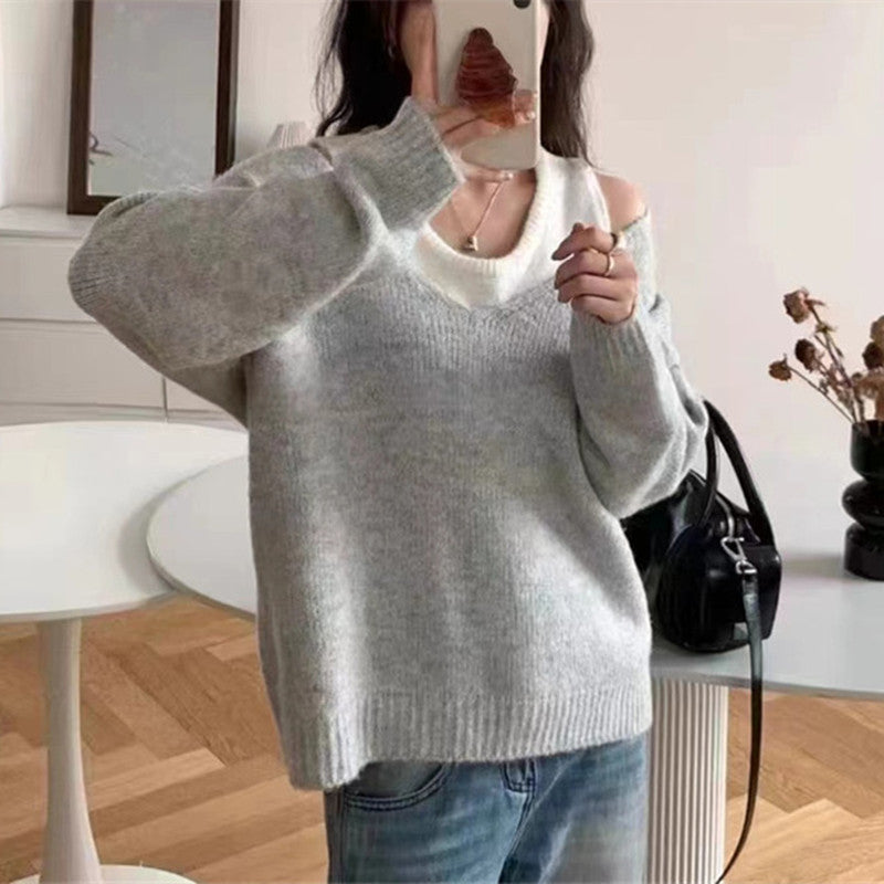 Damen Pullover V-Ausschnitt Offene Schultern Beige - Eveloria