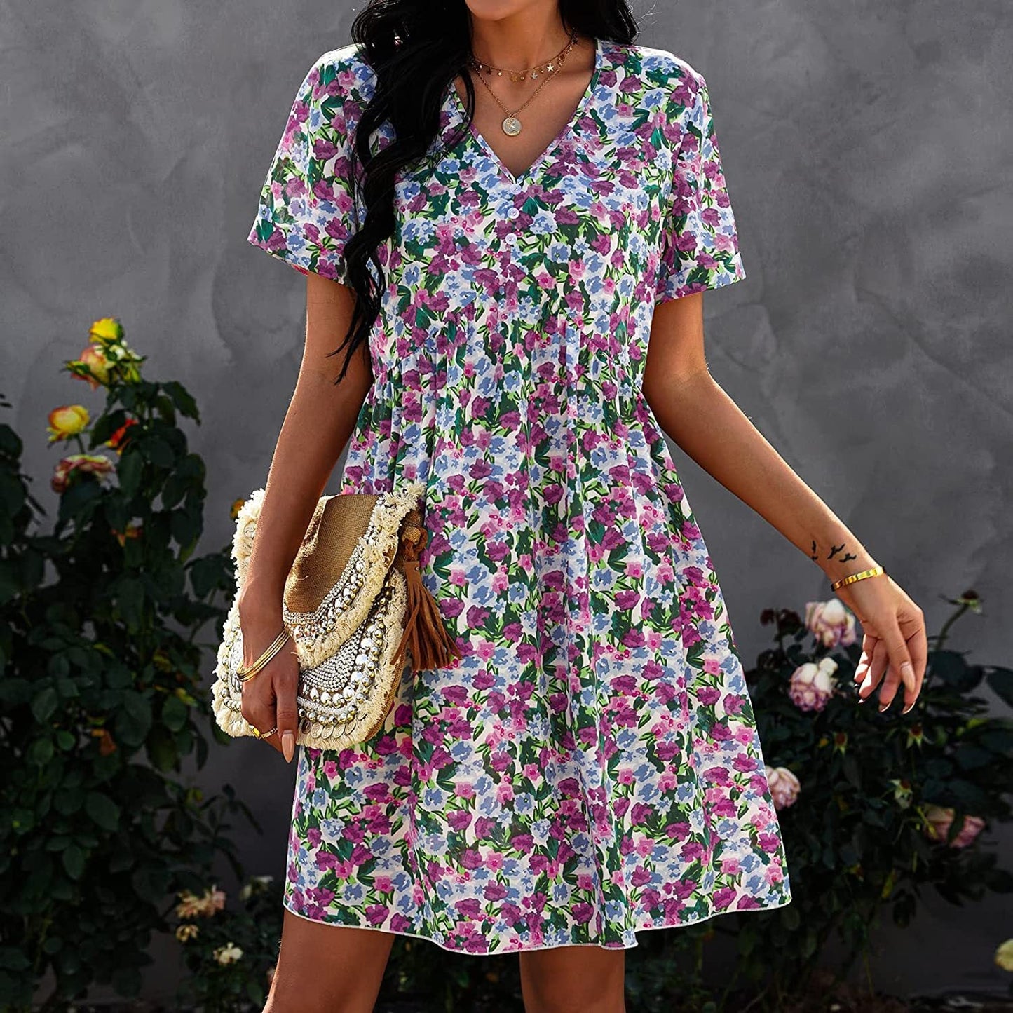 Damen Shift-Kleid V-Ausschnitt Floral Eveloria