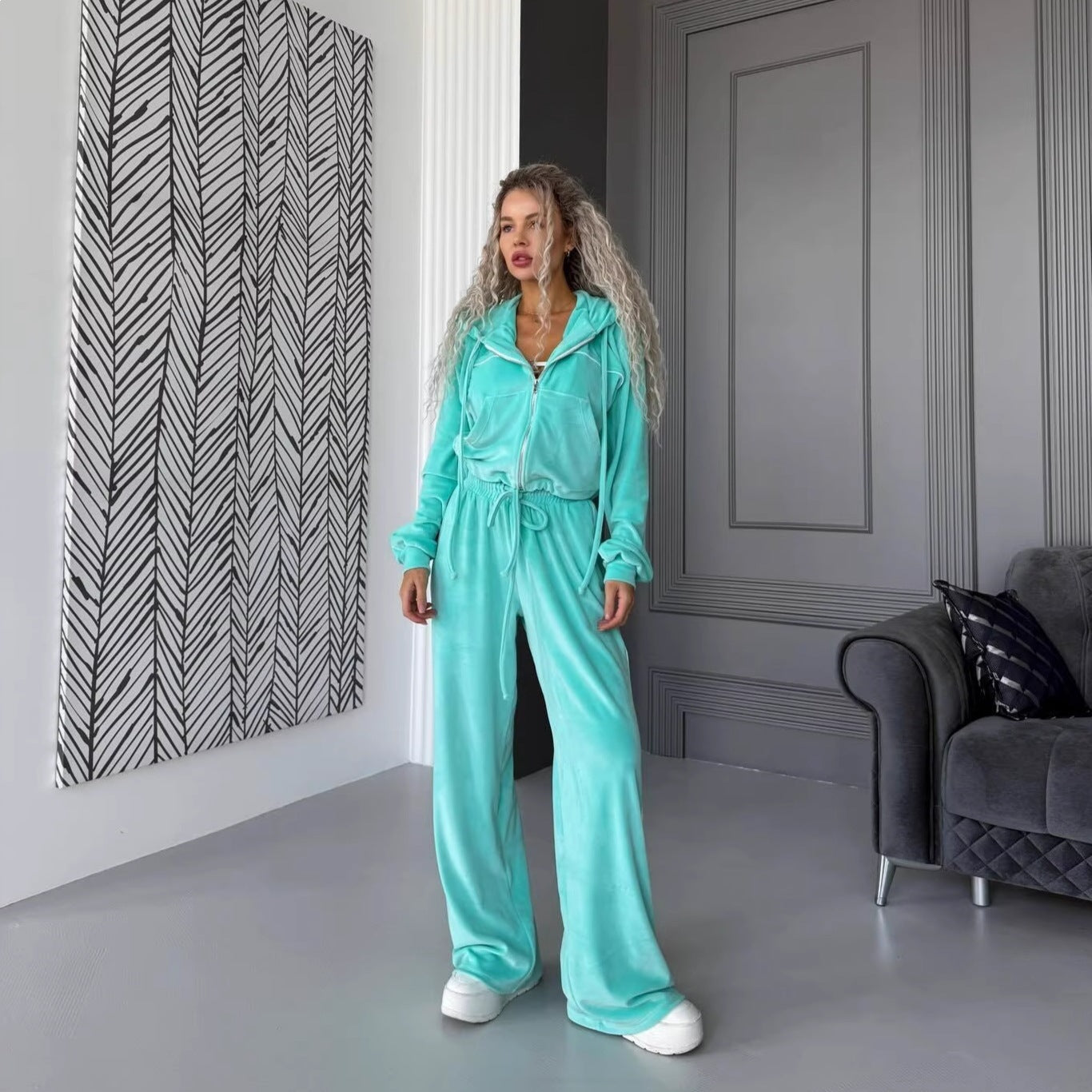 Damen Fleece Sportanzug Hochkragen Reißverschluss