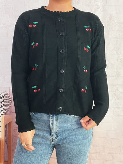Damen Strickjacke Kirschenmotiv Rüschenkragen