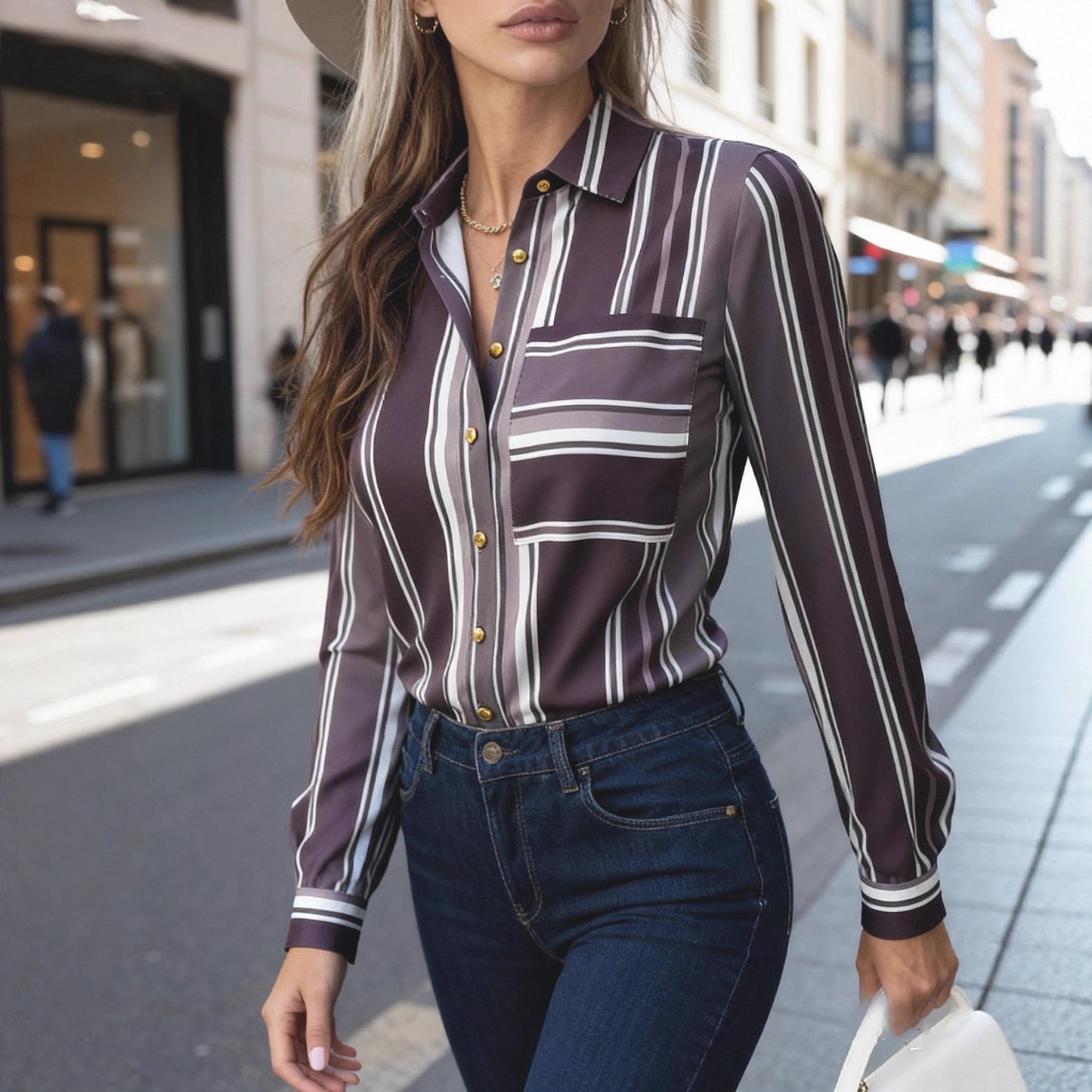 Damen Bluse mit feinen Streifen und klassischem Kragen Elegant