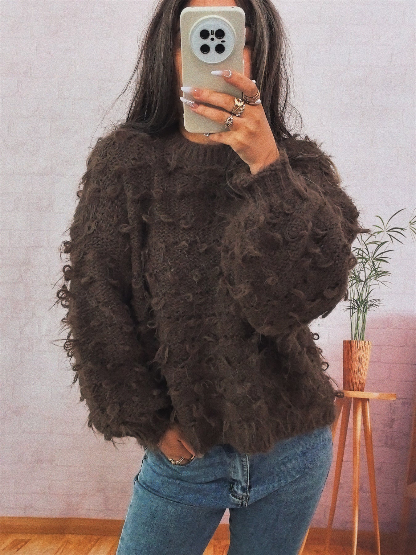 Damen Strickpullover Kuschelig Struktur Oberfläche Beige Eveloria