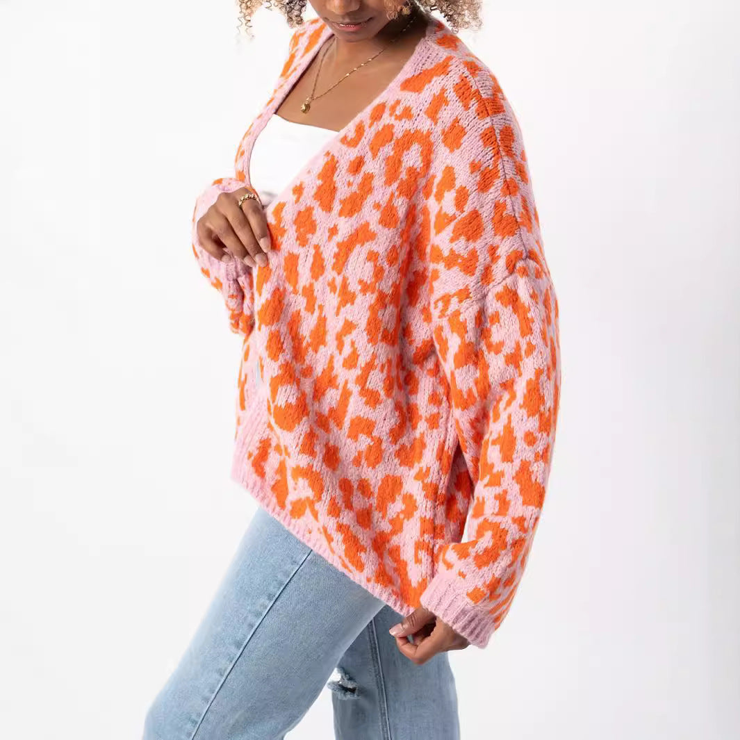 Damen Strickjacke Leopardenmuster Oversized Voluminöse Ärmel