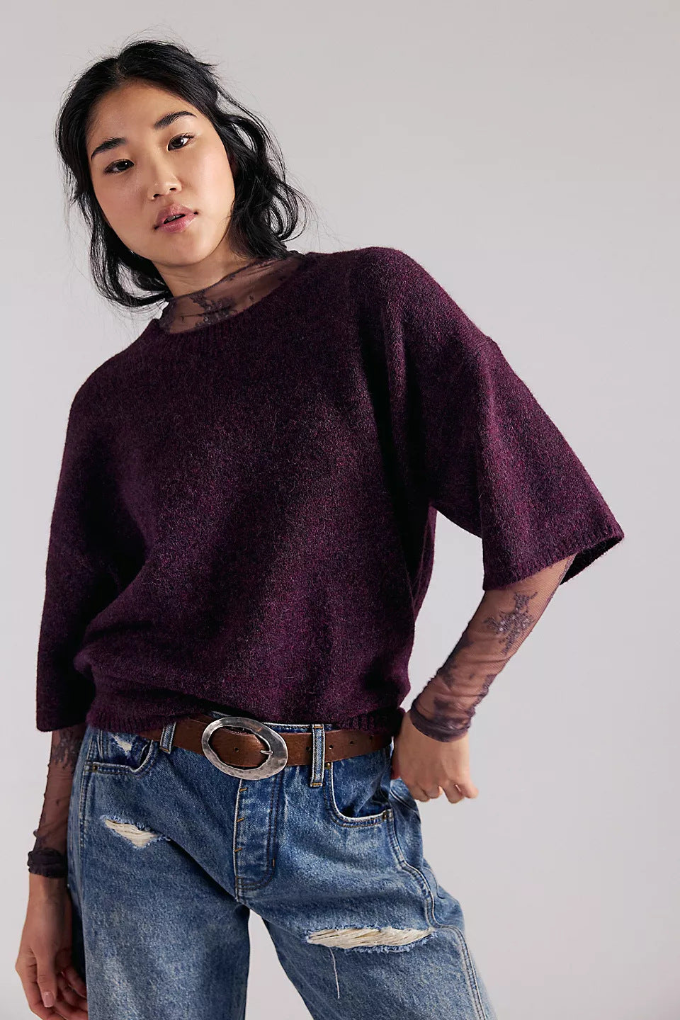 Damen Sweatshirt Halbtransparent Spitze Lässiger Schnitt