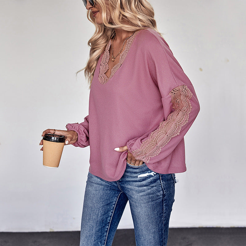 Damen Bluse Spitze V-Ausschnitt Eveloria