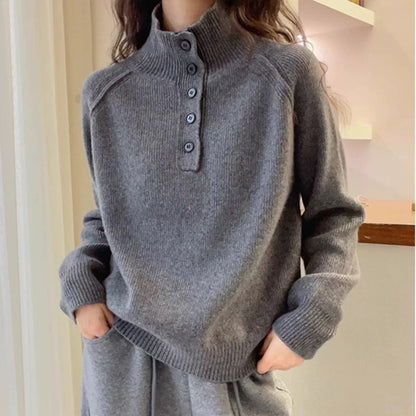 Damen Grobstrickpullover Hochkragen Dekorative Knöpfe Eveloria