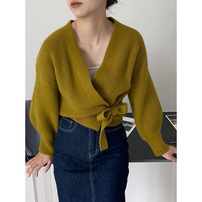 Damen Wickelpullover V-Ausschnitt Taillenzug Eveloria