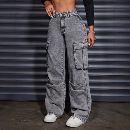 Damen Cargo-Jeans Hoher Bund Praktische Seitentaschen Blau Eveloria