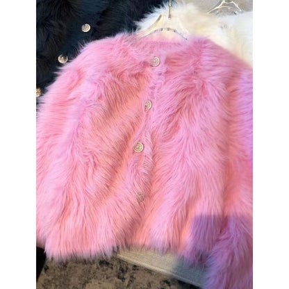 Damen Kurzjacke Flauschig Elegant Knöpfe Eveloria