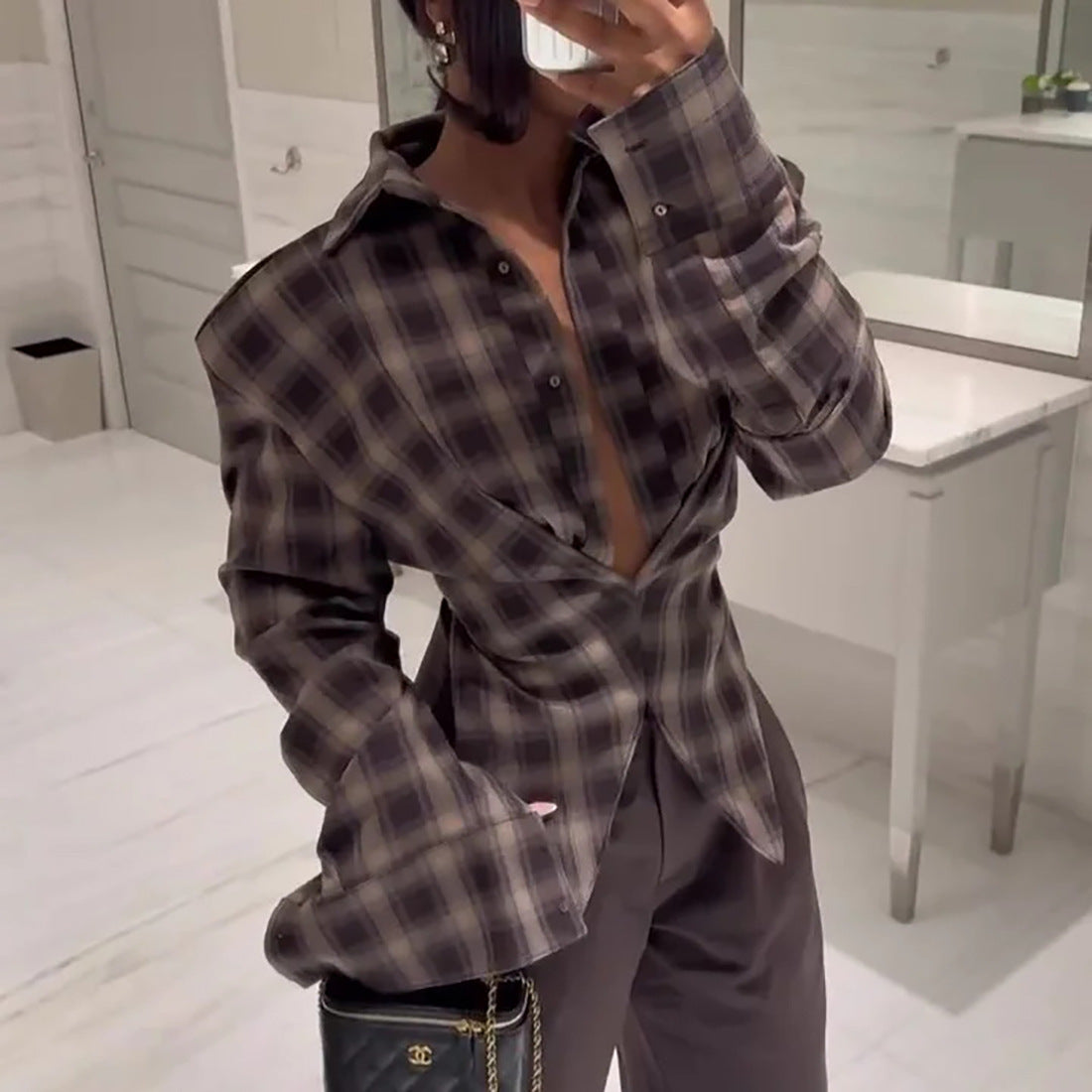 Damen Karobluse Tiefes Dekolleté Eveloria