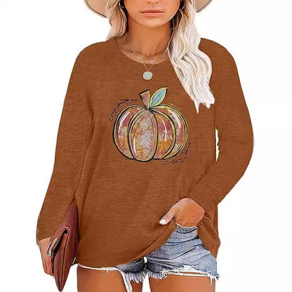 Damen Langarmshirt Kürbis-Motiv Eveloria Herbstlich Braun