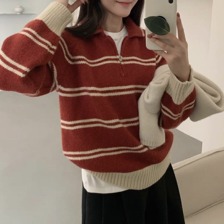 Damen Pullover Gemustert Stehkragen Kontrastdetails Eveloria