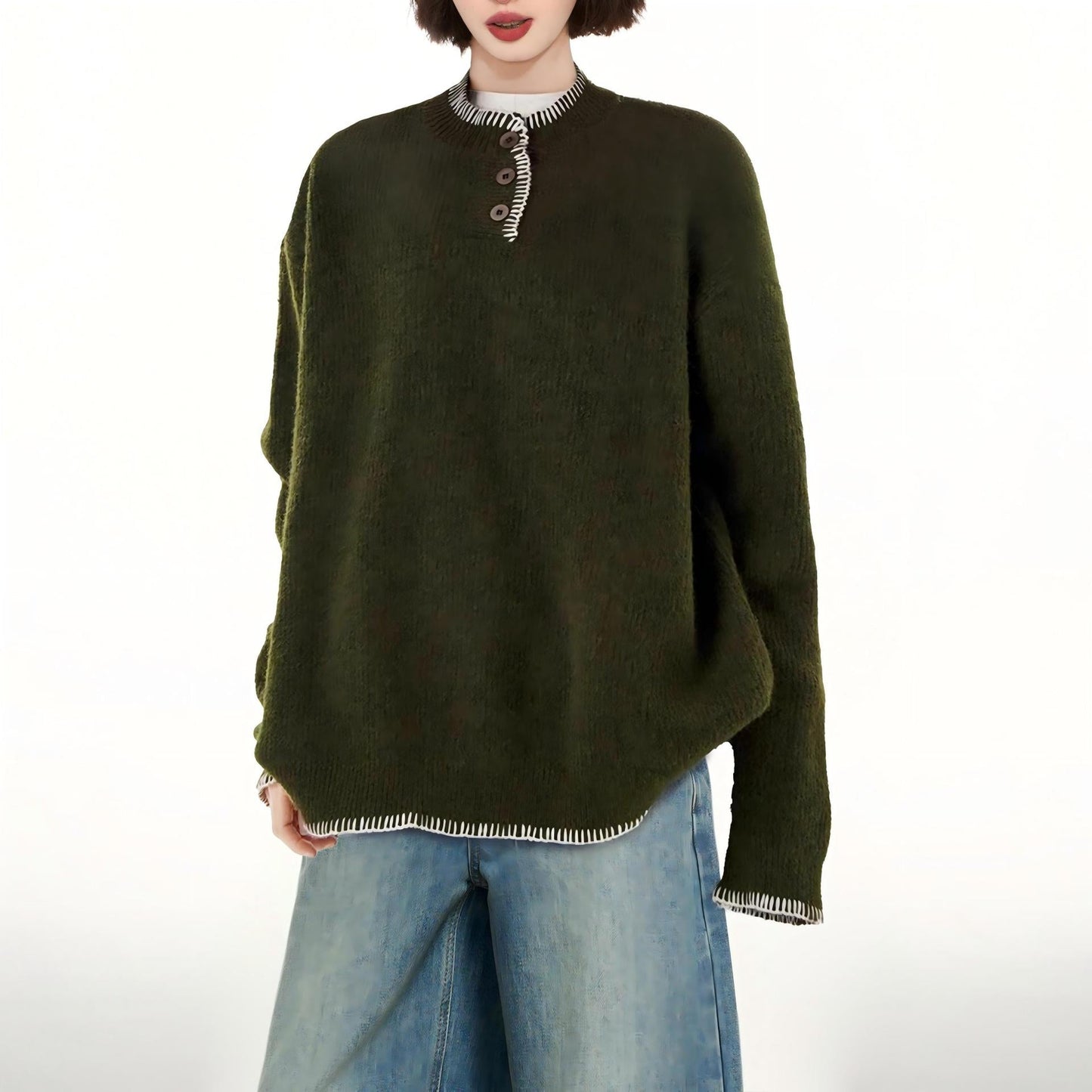 Damen Grobstrickpullover Lässig Knopfleiste Beige