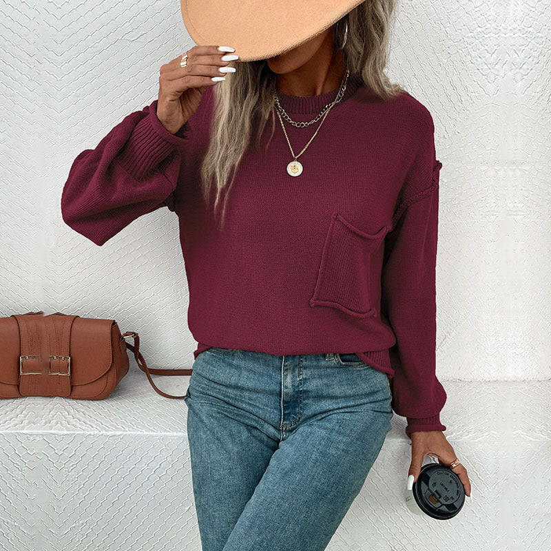 Damen Strickpullover mit Brusttasche und Details Beige