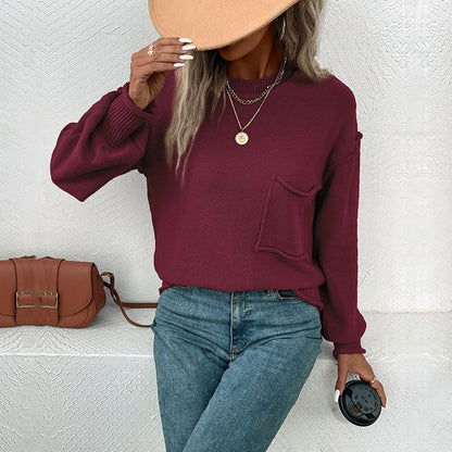 Damen Strickpullover mit Brusttasche und Details Beige