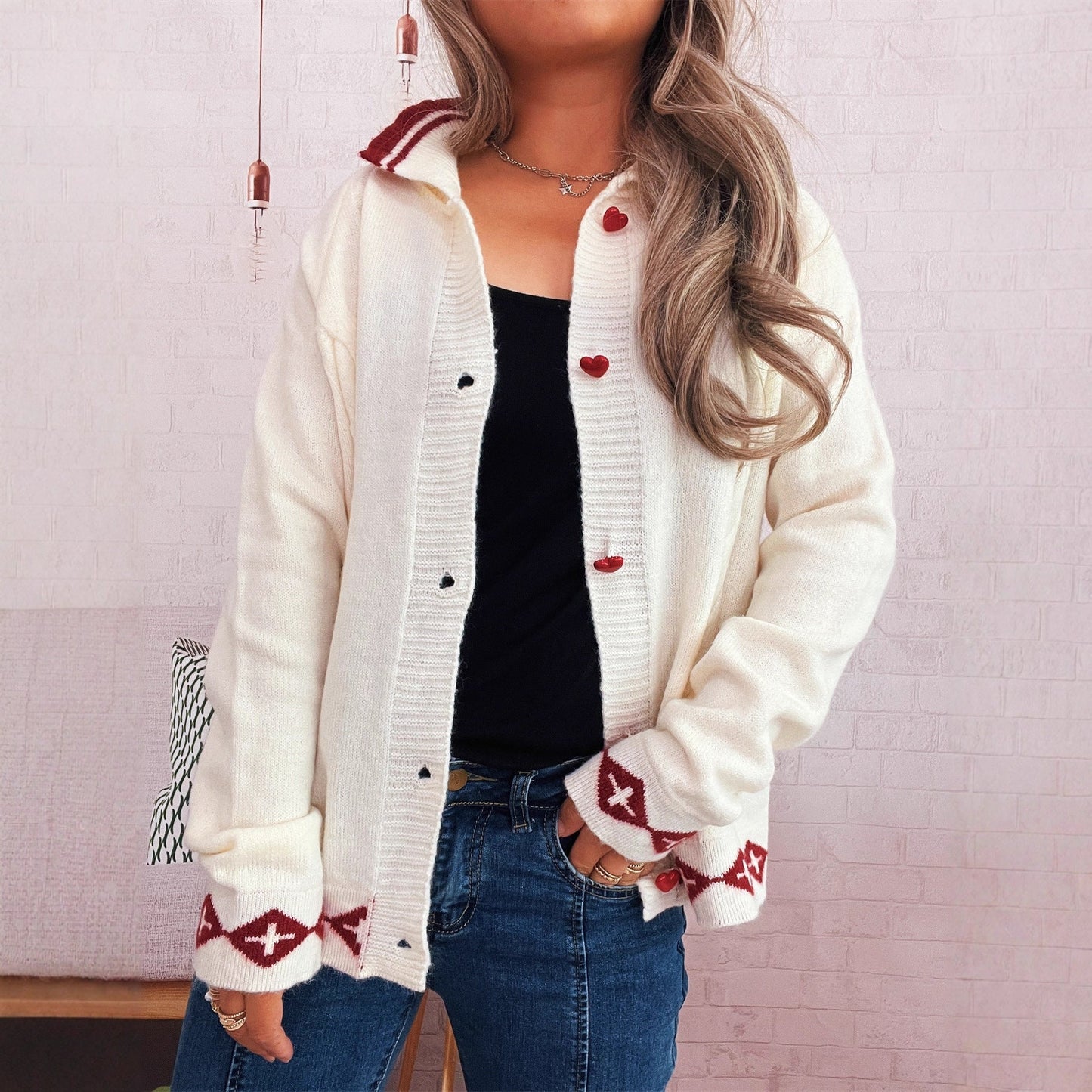Damen Strickjacke Dekoratives Muster Knöpfe Beige