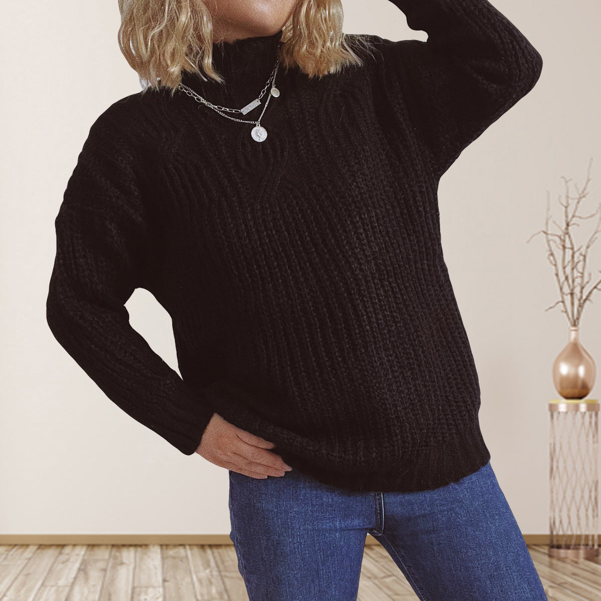 Damen Grobstrickpullover Hochkragen Locker