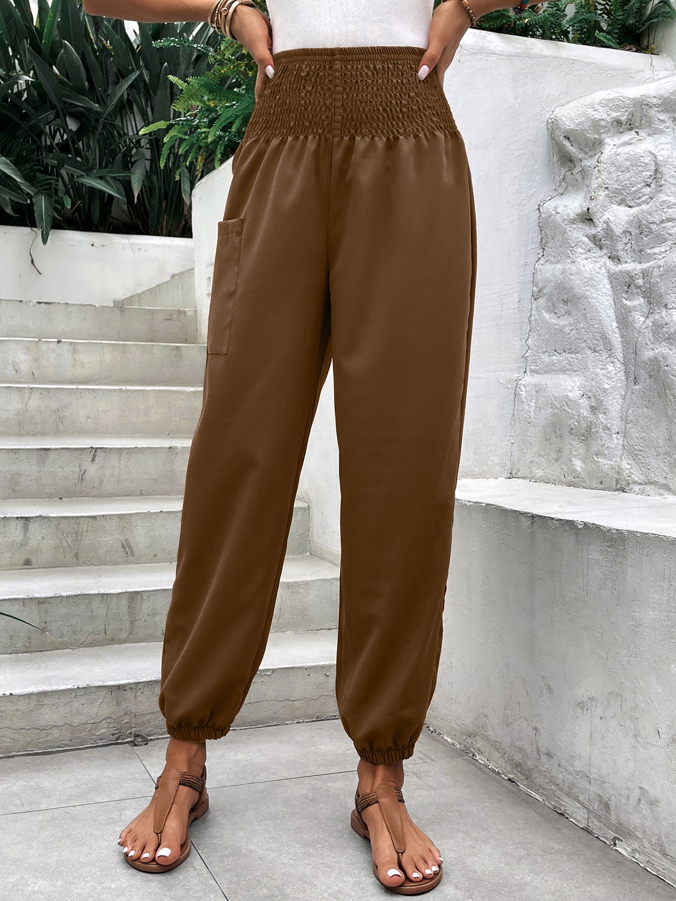 Damen Freizeithosen Elastischer Bund Praktische Seitentaschen Beige