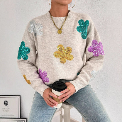 Damen Oversized Pullover Glitzer Floralmuster Eveloria