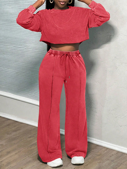 Damen Cropped Loungewear-Set Weites Hosenbein Hochwerder Bund Eveloria