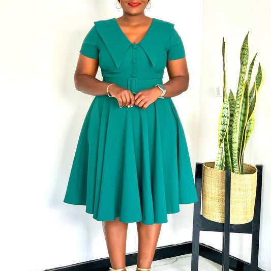 Damen A-Linien Kleid mit Kragen und Bindegürtel Elegant Schwarz - Eveloria