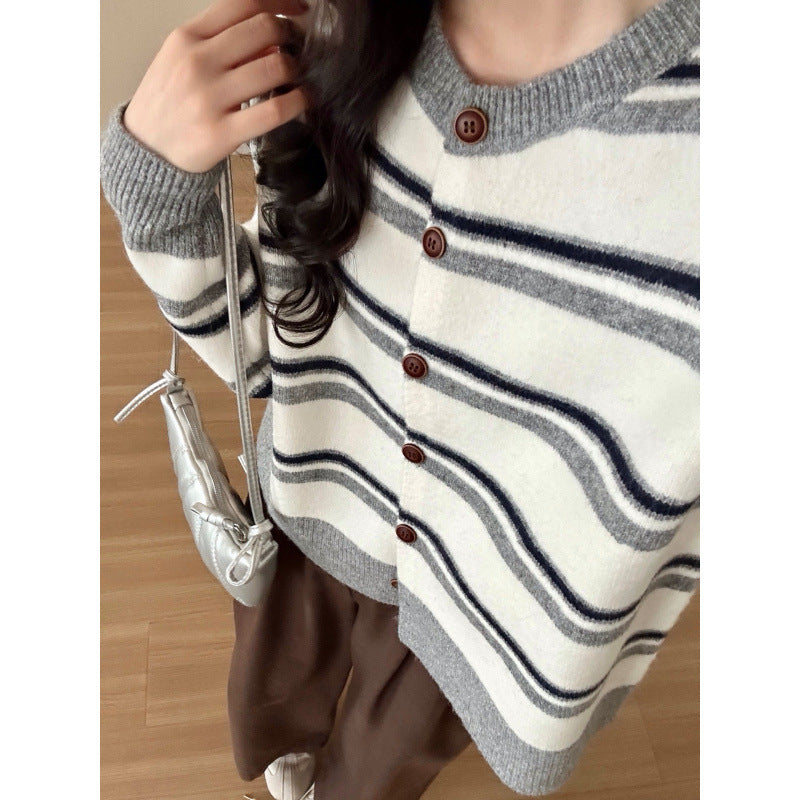 Damen Cardigan Streifenmuster Knöpfe Beige