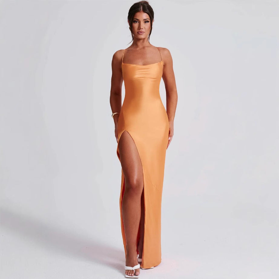 Damen Maxikleid Hochhängender Schlitz Schmales Trägerdesign