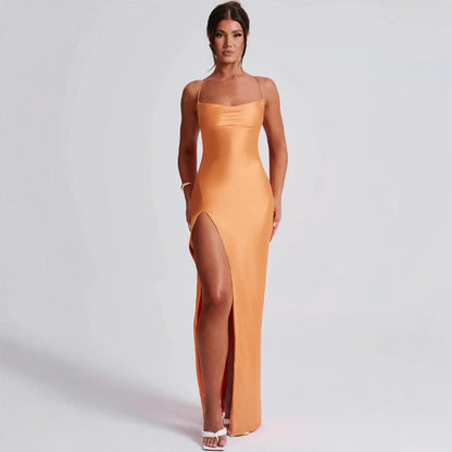 Damen Maxikleid Hochhängender Schlitz Schmales Trägerdesign