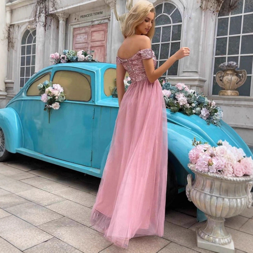 Damen Abendkleid Schulterfrei Glitzernd Eveloria
