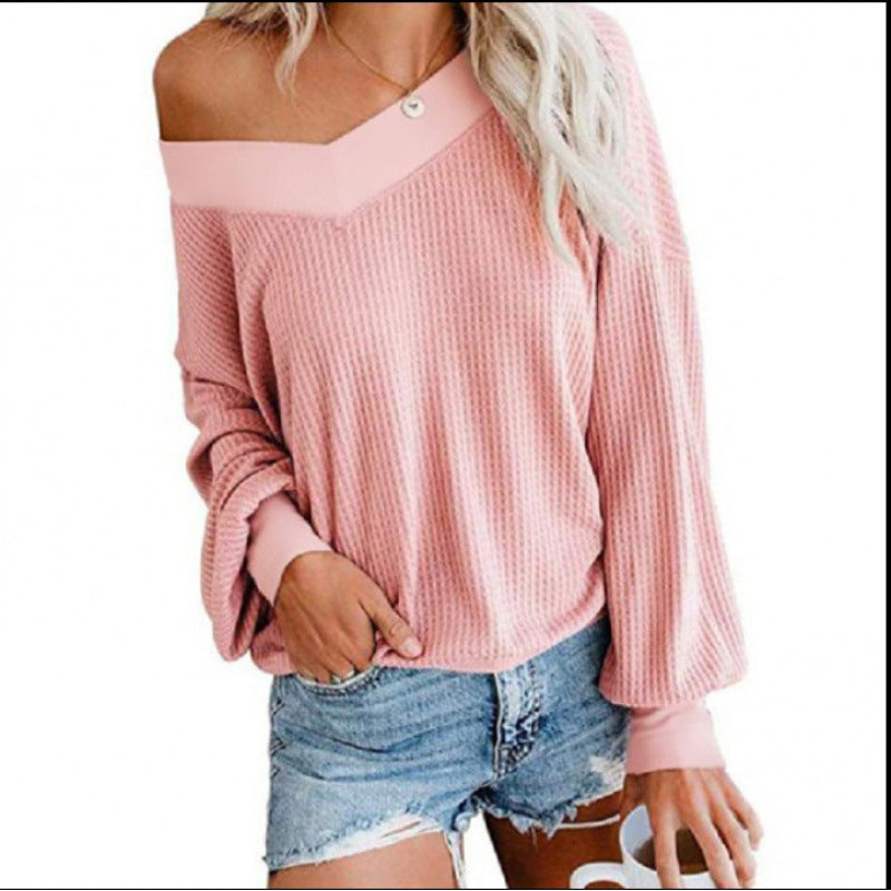 Damen Oversized Pullover Baumwoll V-Ausschnitt Rippdetails Grau