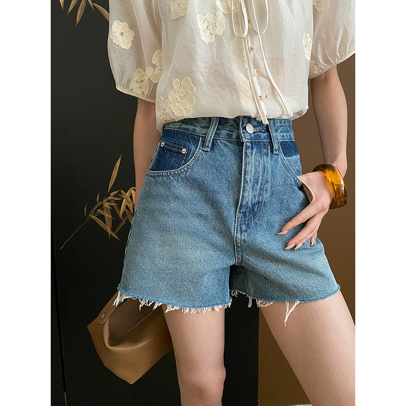 Damen Vintage-Jeansshorts Hochbund Fransensaum Blau - Eveloria
