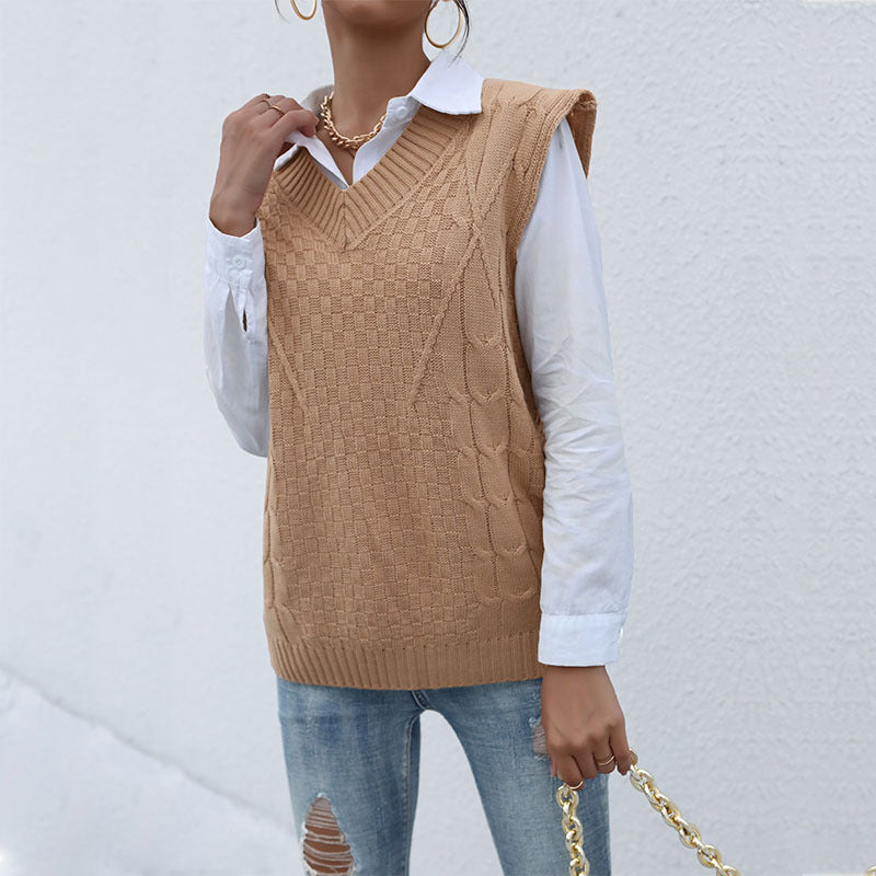 Damen Strickpullover ohne Ärmel V-Ausschnitt Strukturiert Eveloria