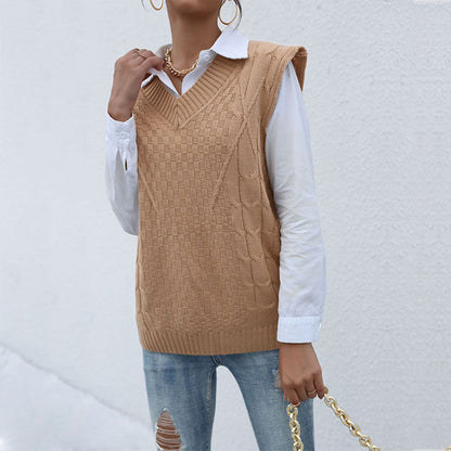 Damen Strickpullover ohne Ärmel V-Ausschnitt Strukturiert Eveloria