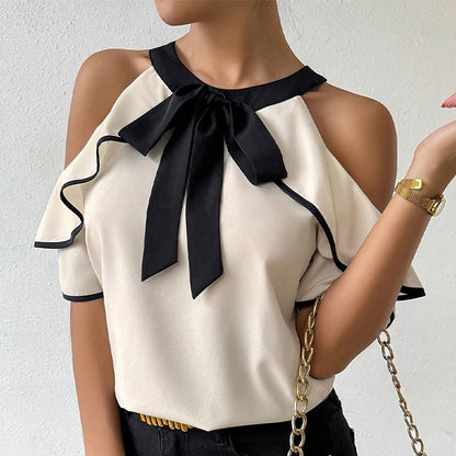 Damen Oberteil Rüschendetails Schleifen-Ausschnitt Elegantes Design