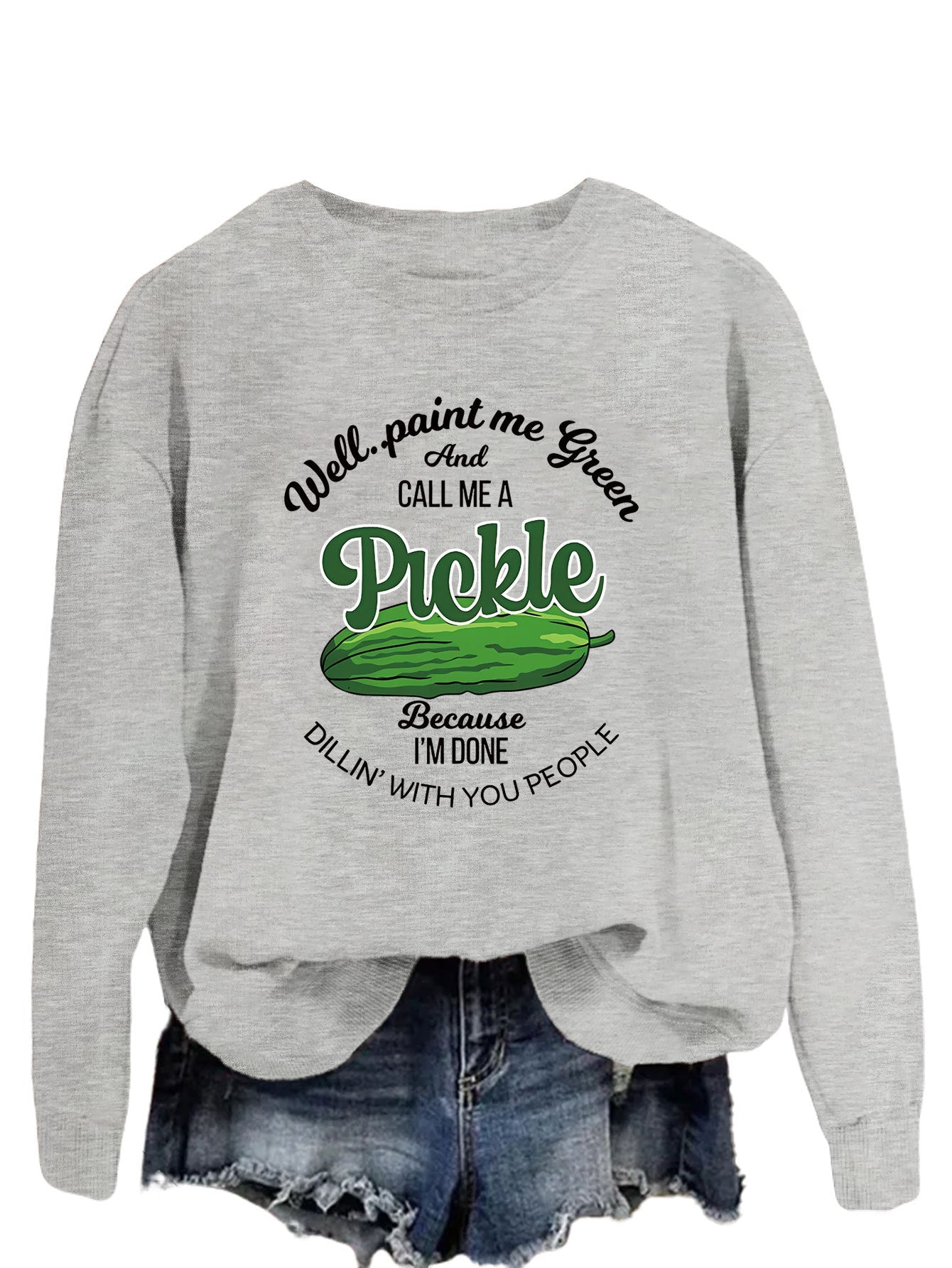 Damen Sweatshirt Gurkenmotiv Baumwolle Weiß