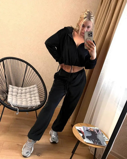 Damen Veloursanzug Mit Kapuze Cropped Freizeitanzug