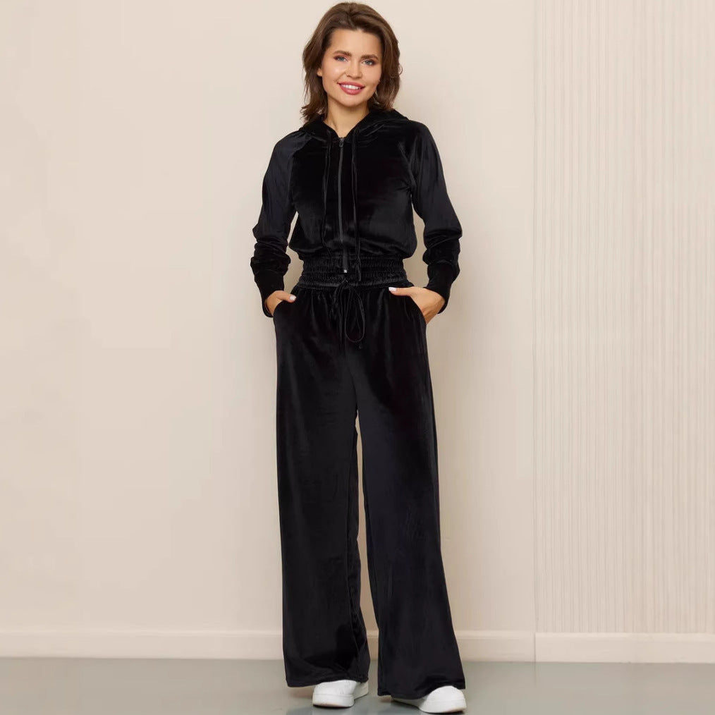 Damen Velours-Jogginganzug Cropped Kapuze Weite Passform
