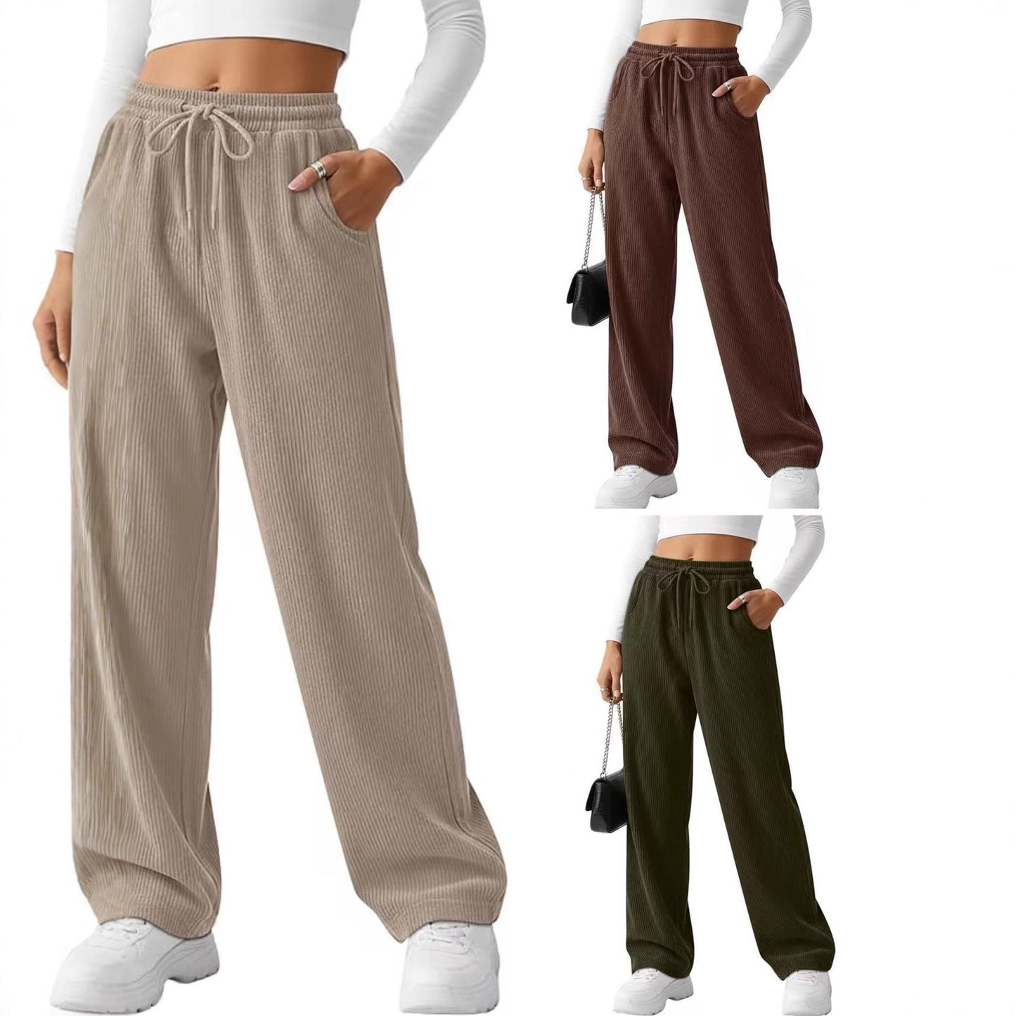 Damen Rippstrick-Hose Breit mit Kordelzug Schwarz Eveloria - Eveloria