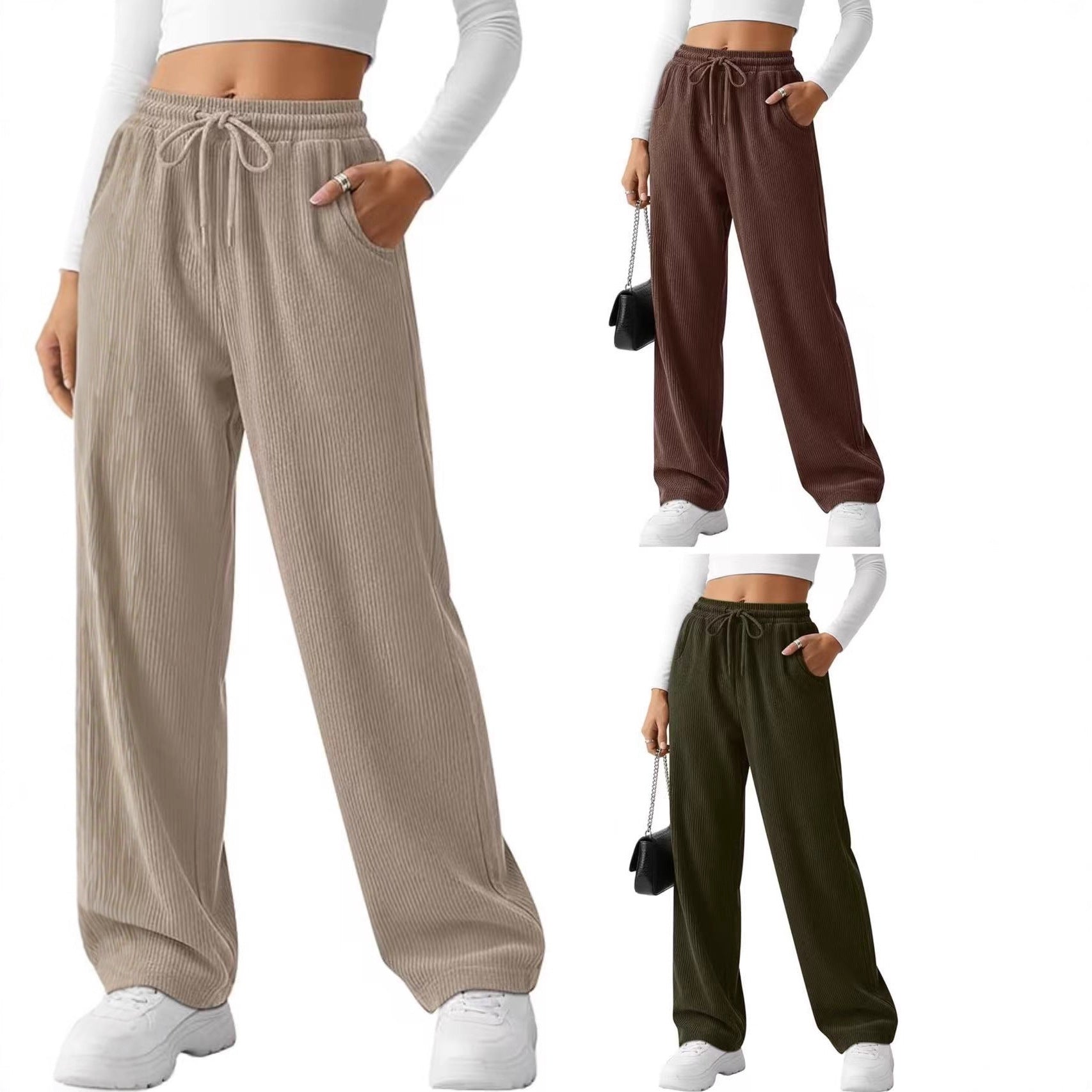 Damen Rippstrick-Hose Breit mit Kordelzug Schwarz Eveloria - Eveloria