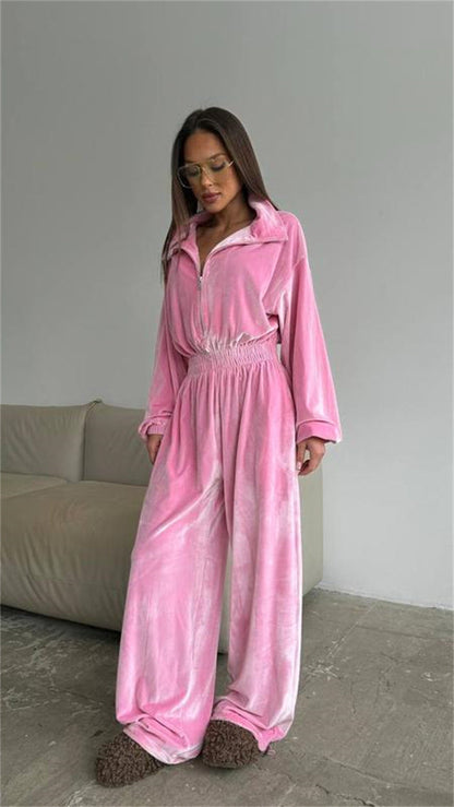 Damen Velours-Jumpsuit Hohler Kragen Locker