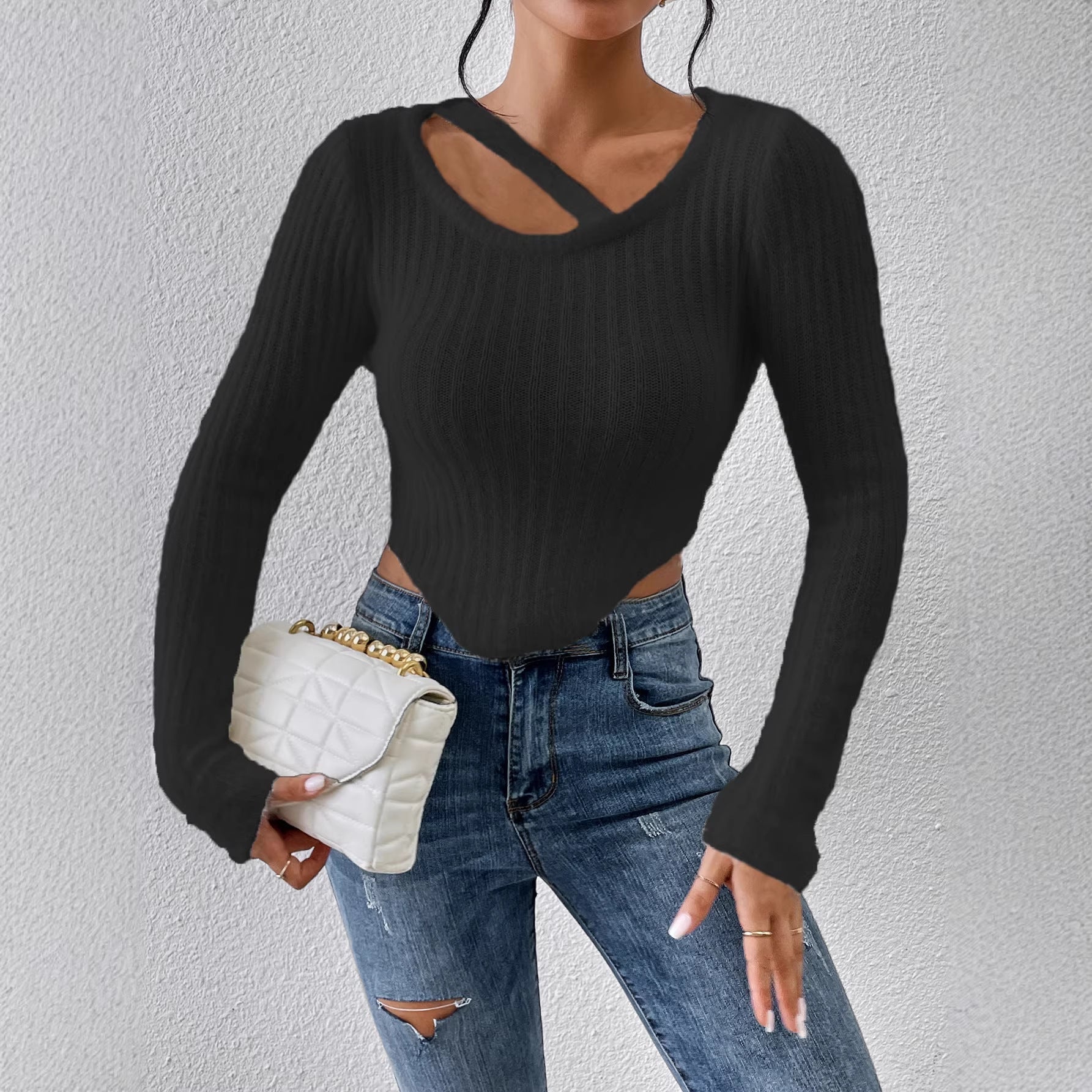 Damen Off-the-Shoulder Stricktop Elastischer Saum Beige - Eveloria