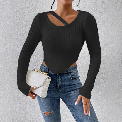 Damen Off-the-Shoulder Stricktop Elastischer Saum Beige - Eveloria