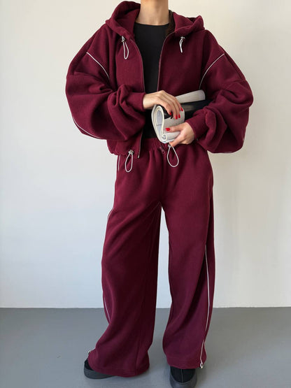 Damen Fleece-Set mit Kapuze Elastischer Bund Grau